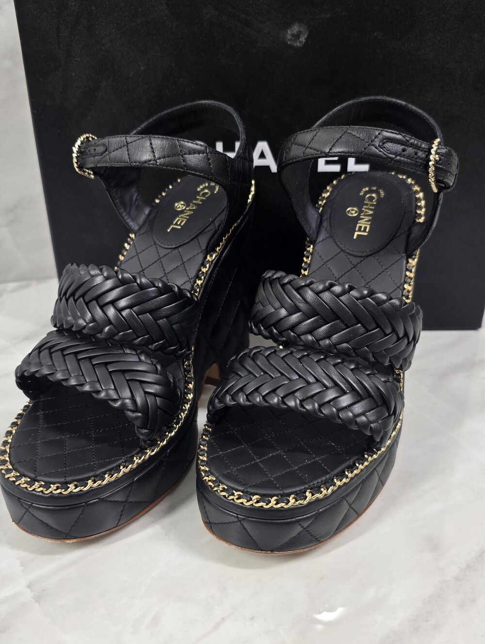 Chanel Black Quilted Braided Leather Platform Sandals - Picture 2 of 13